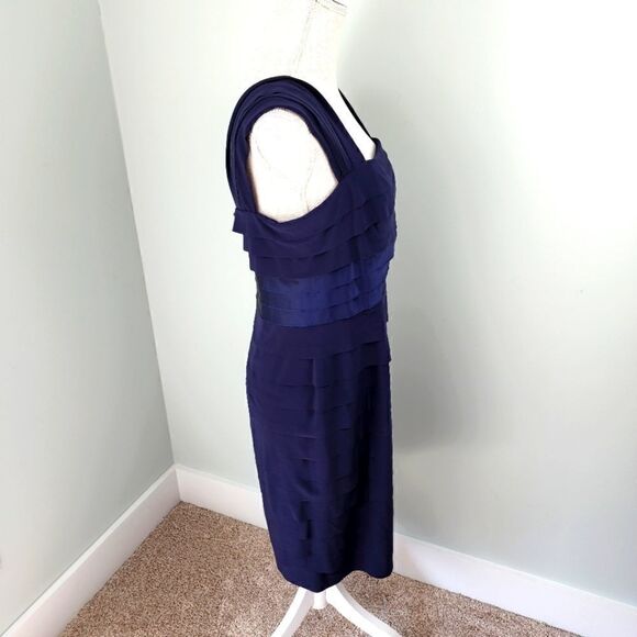 JONES NY WOMEN'S LAYERED TIERED RUFFLE SHEATH  NAVY BLUE DRESS SIZE 10 - Picture 3 of 7